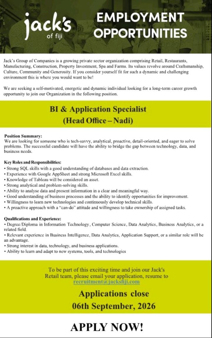 BI & Application Specialist at Pacific Islands Jobs Banner