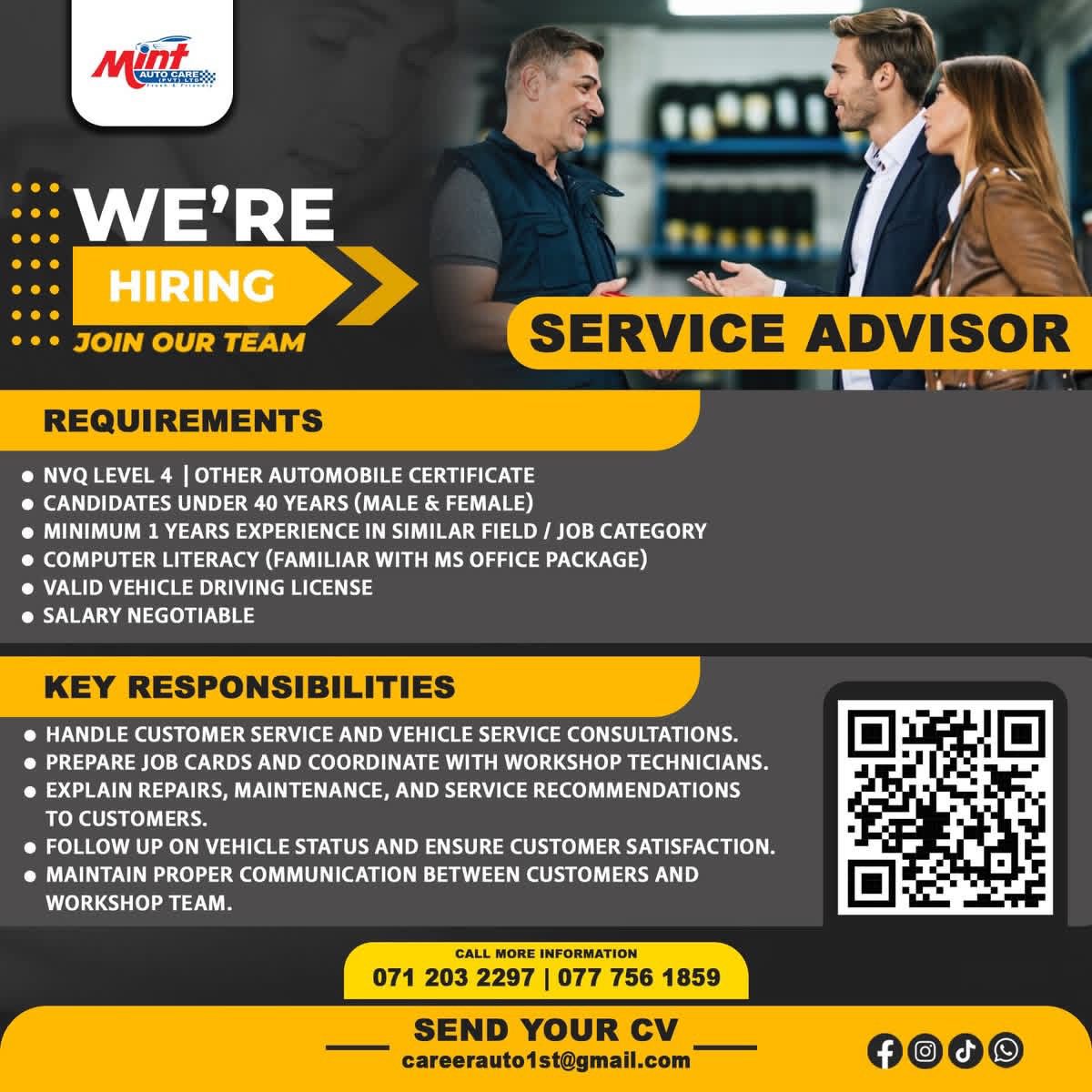 Service Advisor at Mint auto care Banner
