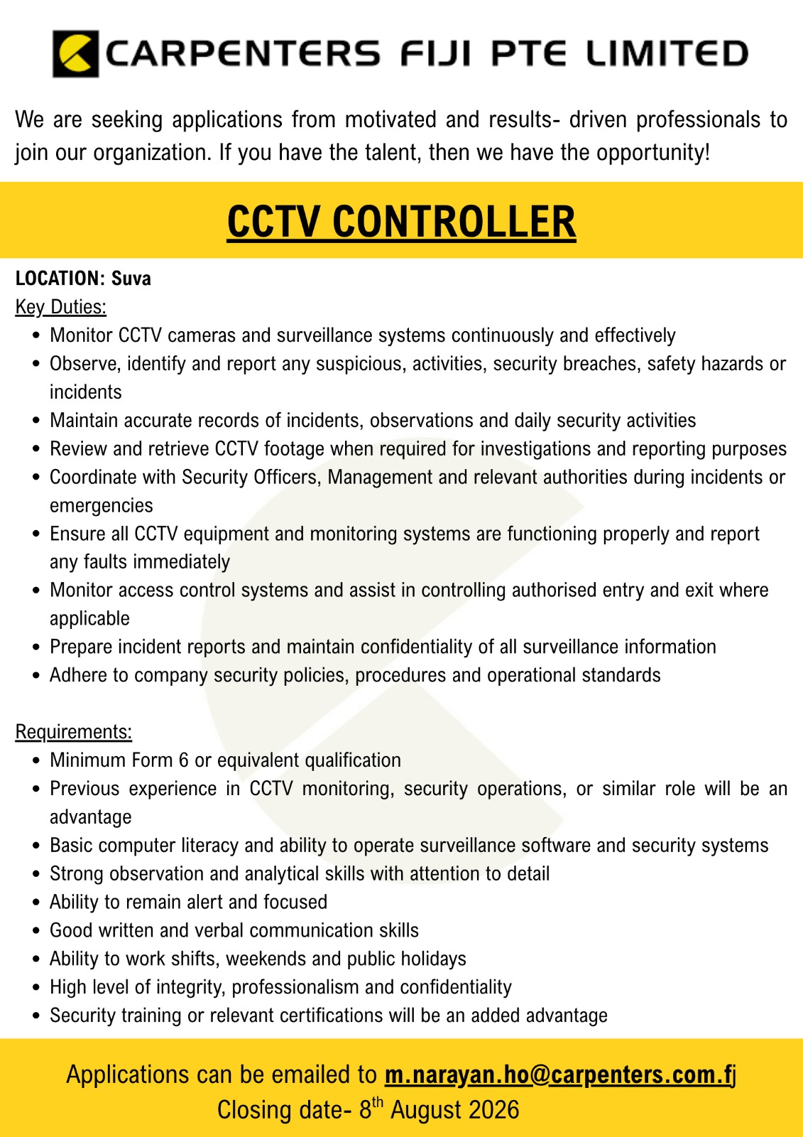 CCTV CONTROLLER at Pacific Islands Jobs Banner