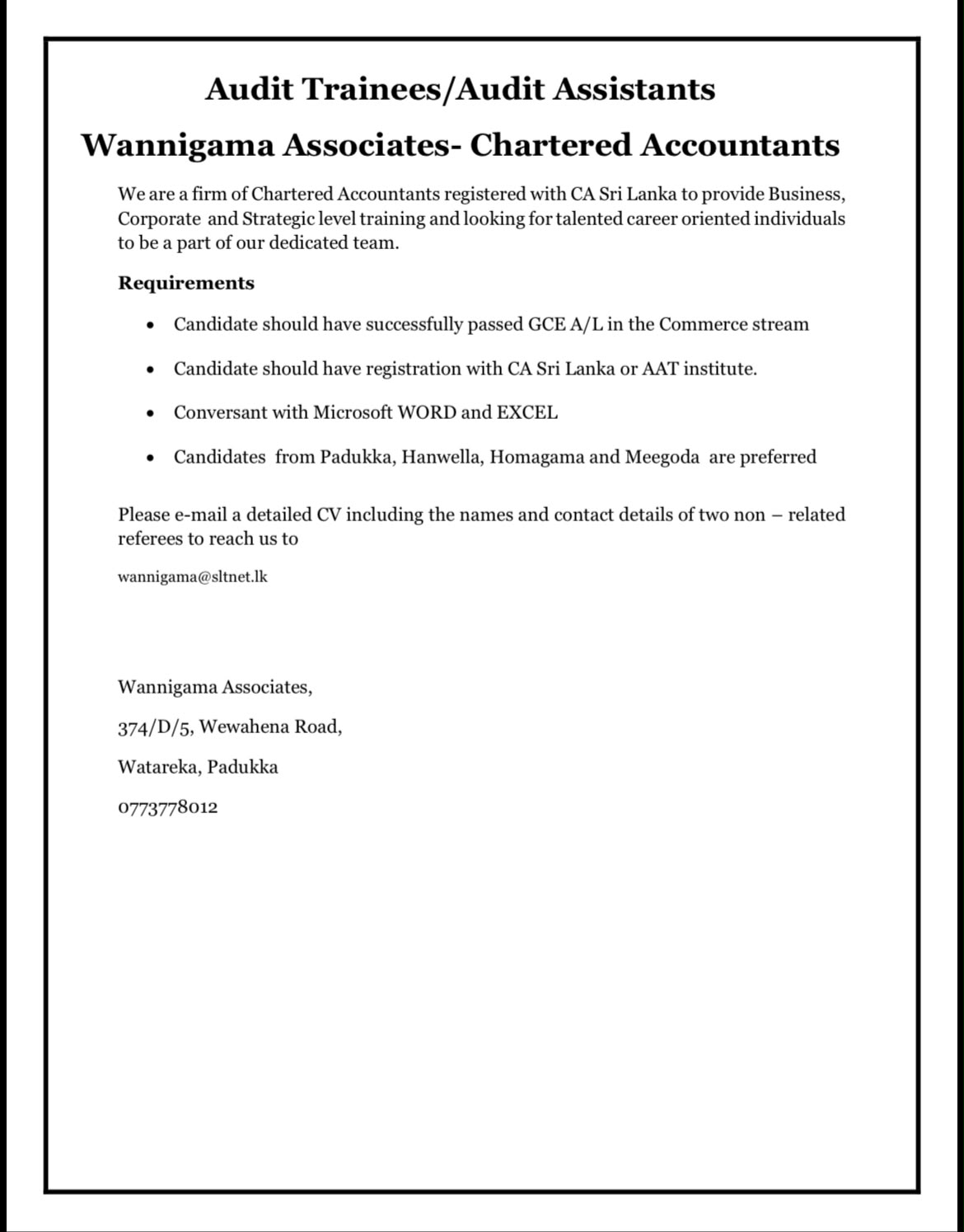 Audit Trainees at Wannigama Associates Banner