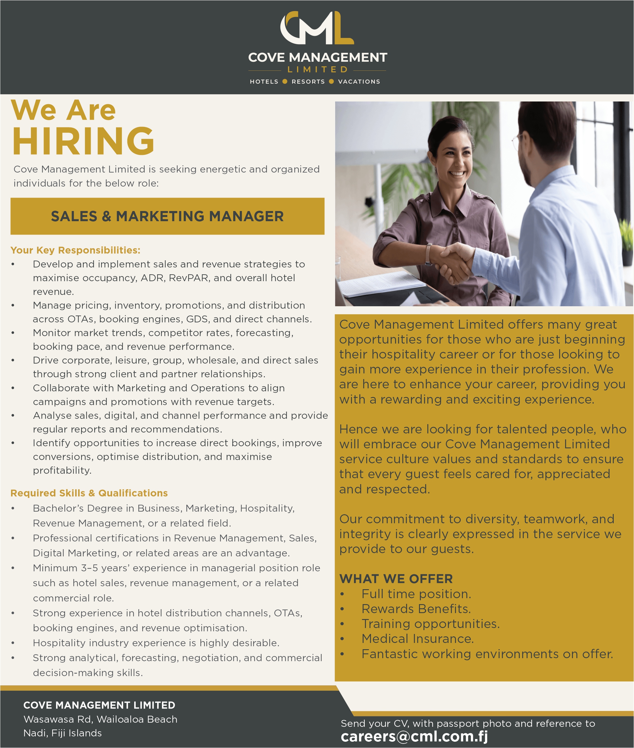 Sales & Marketing Manager at Cove Management Limited Banner