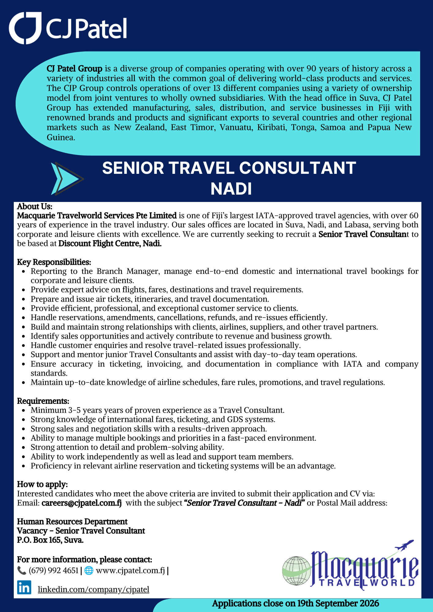 Senior Travel Consultant  at CJ Patel & Co Pte Limited  Banner