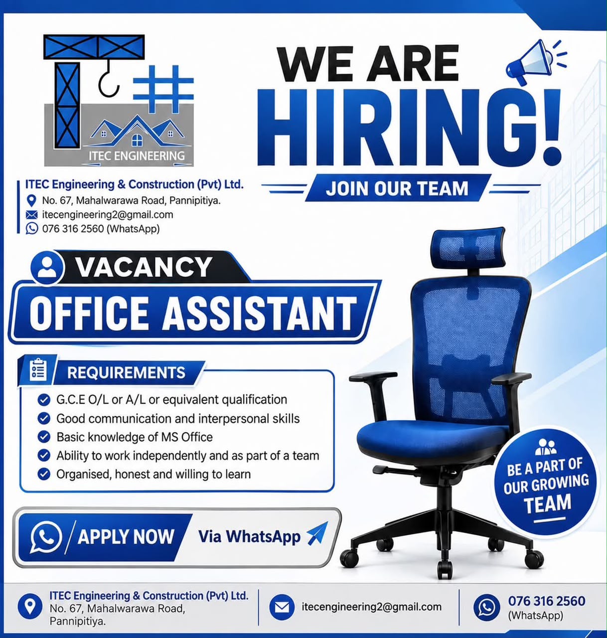 Office Assistant  at ITEC Engineering & Constructions (Pvt) Ltd Banner