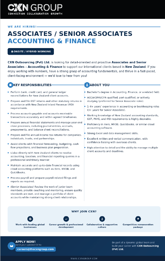 Associates/Senior Associates-NZ Clients at CXN Outsourcing (Pvt) Ltd Banner